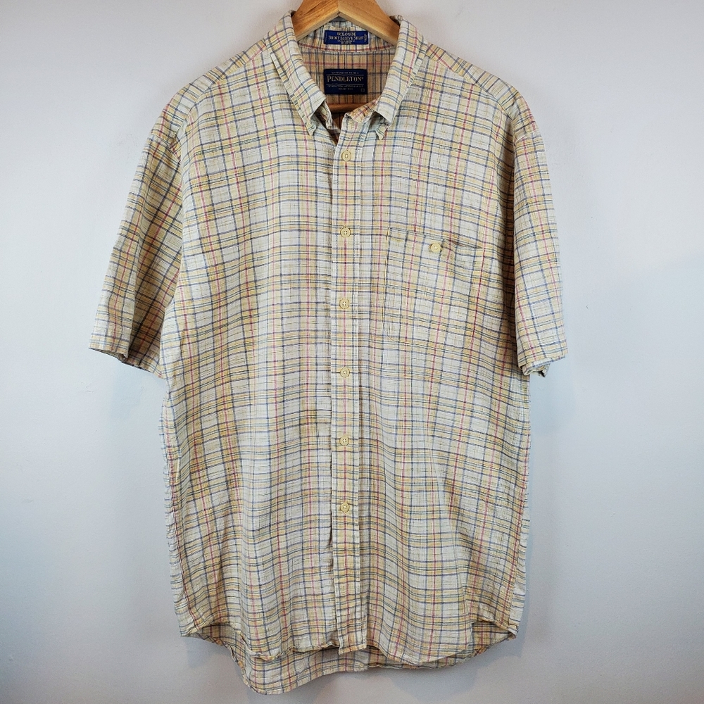 Pendleton Oceanside Short Sleeve Button Up Shirt Yellow Plaid Mens Size L
